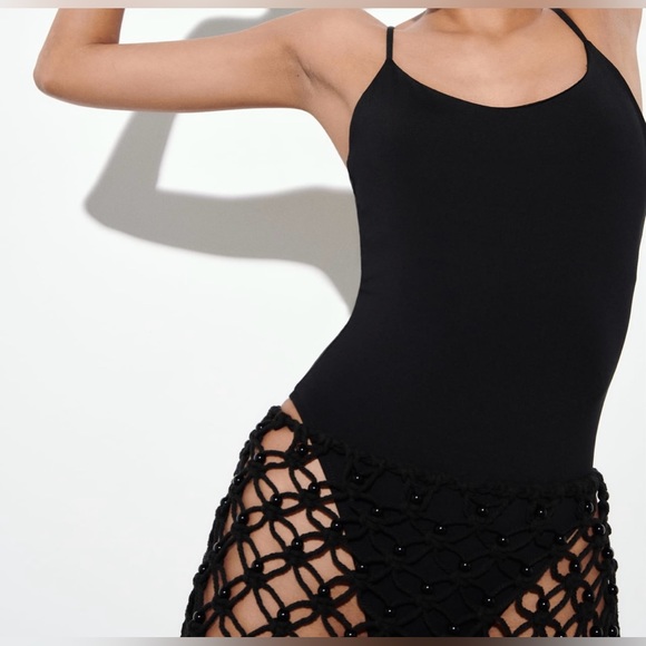 NWT ZARA Fringed Mesh Beaded Skirt Beach Cover Cotton Blend Open Side Tie - Picture 11 of 12